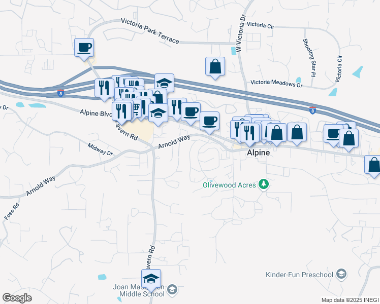 map of restaurants, bars, coffee shops, grocery stores, and more near 43 Calle Conejo in Alpine