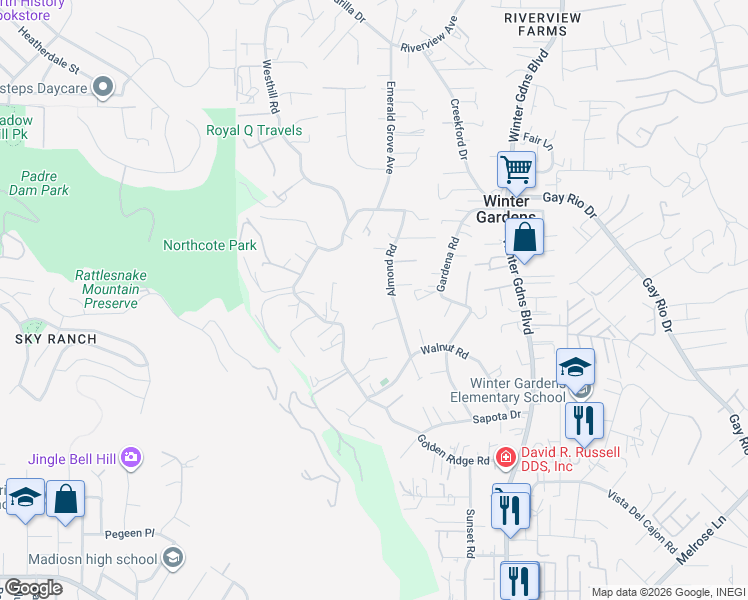 map of restaurants, bars, coffee shops, grocery stores, and more near 8678 Almond Road in Lakeside