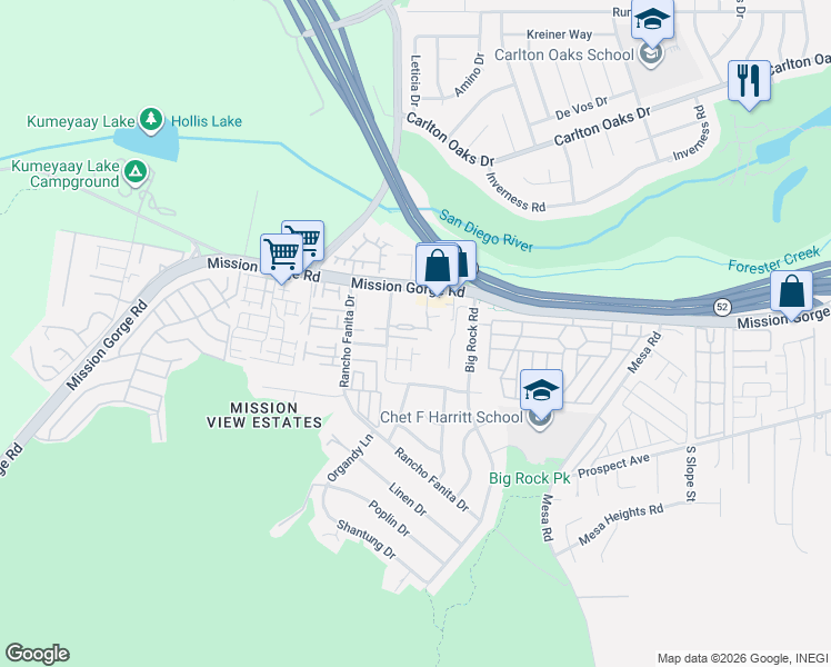 map of restaurants, bars, coffee shops, grocery stores, and more near 8005 Stella Court in Santee