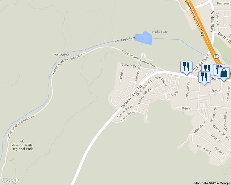 map of restaurants, bars, coffee shops, grocery stores, and more near 7349 Mission Trails Drive in Santee
