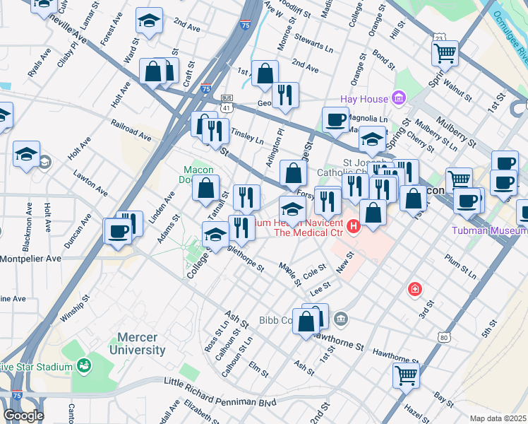 map of restaurants, bars, coffee shops, grocery stores, and more near 756 College Street in Macon