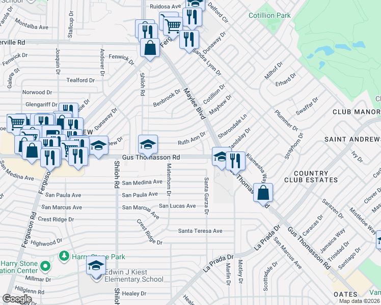 map of restaurants, bars, coffee shops, grocery stores, and more near 3223 Gus Thomasson Road in Dallas