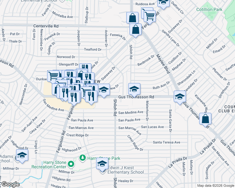 map of restaurants, bars, coffee shops, grocery stores, and more near 2735 Gus Thomasson Road in Dallas