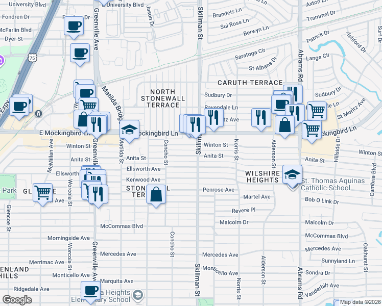 map of restaurants, bars, coffee shops, grocery stores, and more near 6055 Anita Street in Dallas