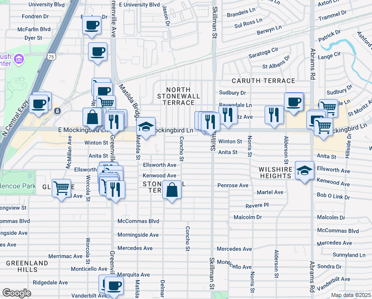 map of restaurants, bars, coffee shops, grocery stores, and more near 6017 Anita Street in Dallas