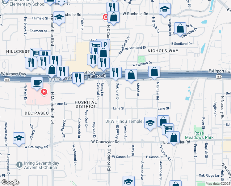map of restaurants, bars, coffee shops, grocery stores, and more near 2002 North O'Connor Road in Irving