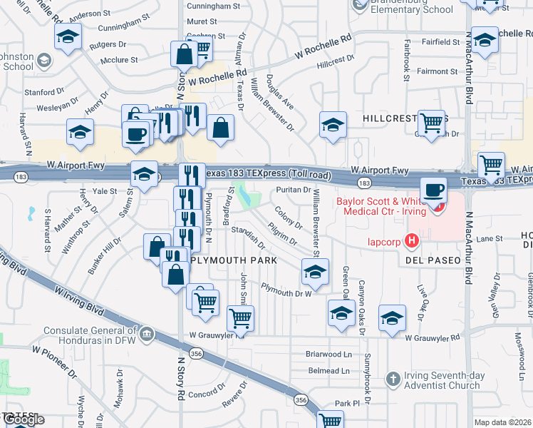 map of restaurants, bars, coffee shops, grocery stores, and more near 1962 Pilgrim Drive in Irving