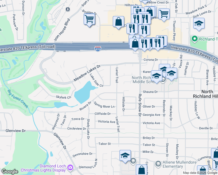map of restaurants, bars, coffee shops, grocery stores, and more near 6505 Lake Side Cir in North Richland Hills