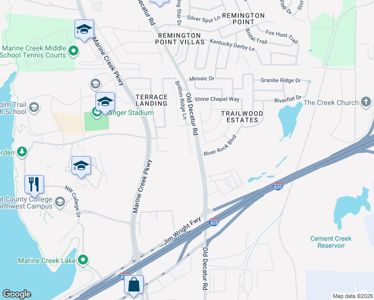 map of restaurants, bars, coffee shops, grocery stores, and more near 5013 Britton Ridge Lane in Fort Worth
