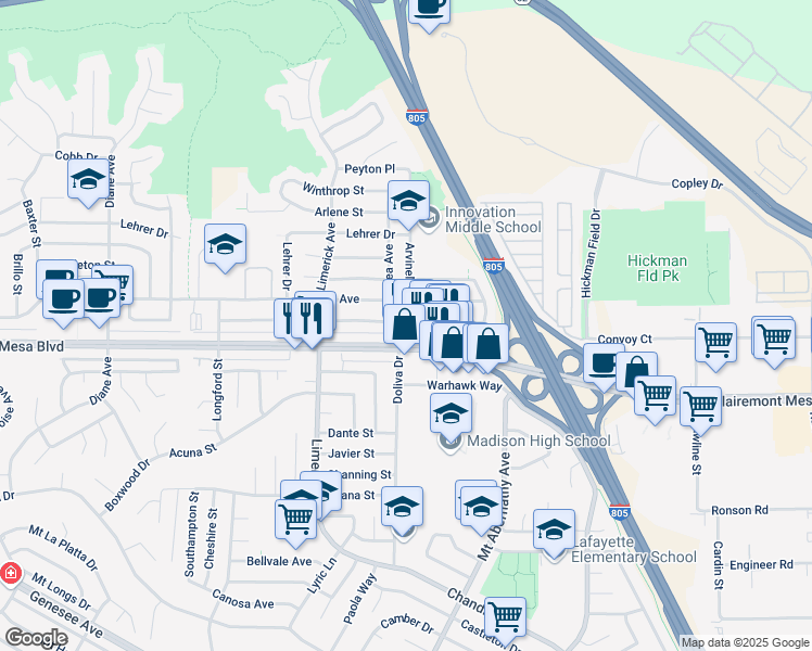 map of restaurants, bars, coffee shops, grocery stores, and more near 5405 Bergen Street in San Diego