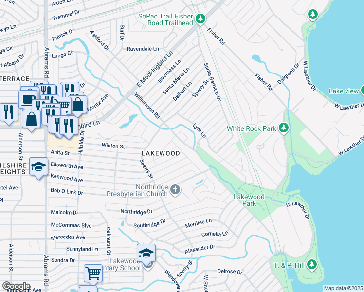 map of restaurants, bars, coffee shops, grocery stores, and more near 3938 Frontier Lane in Dallas