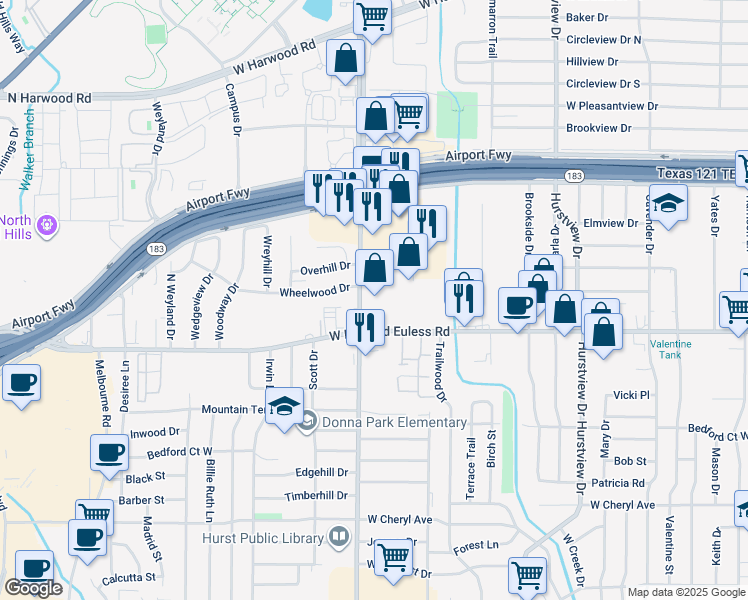 map of restaurants, bars, coffee shops, grocery stores, and more near 1304 Precinct Line Road in Hurst