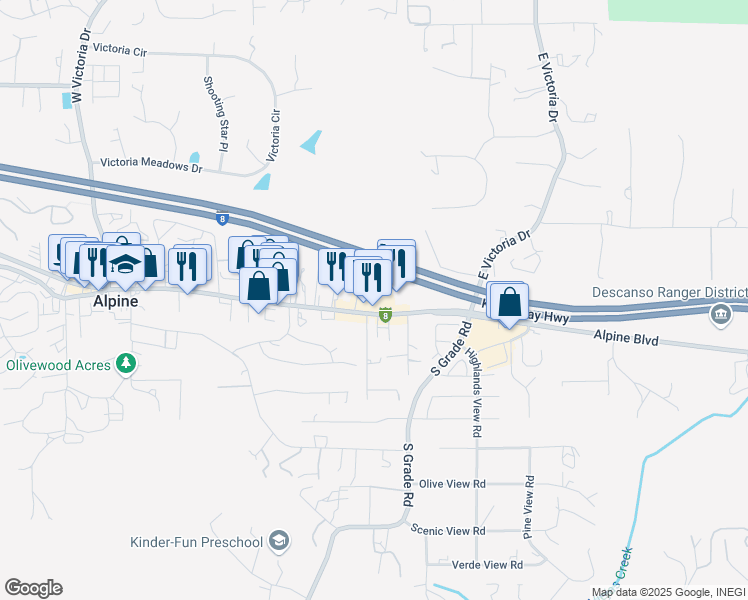 map of restaurants, bars, coffee shops, grocery stores, and more near 2710 Alpine Boulevard in Alpine