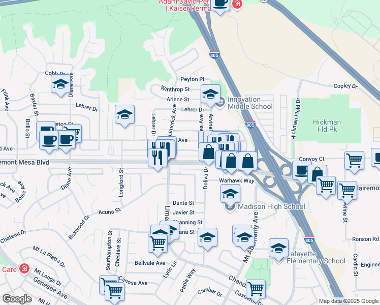 map of restaurants, bars, coffee shops, grocery stores, and more near 5315 Barstow Street in San Diego