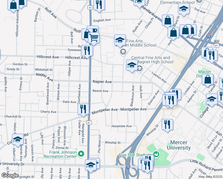 map of restaurants, bars, coffee shops, grocery stores, and more near 2409 Beech Avenue in Macon