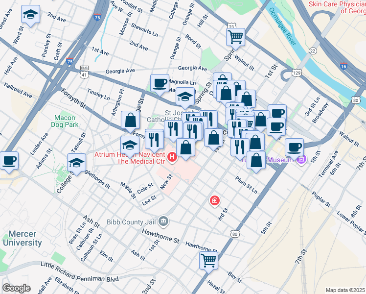 map of restaurants, bars, coffee shops, grocery stores, and more near 831 Pine Street in Macon
