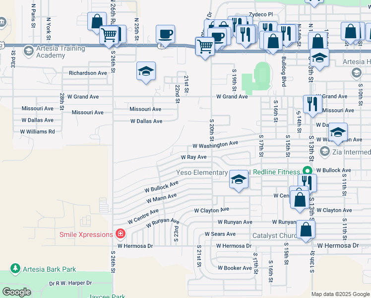 map of restaurants, bars, coffee shops, grocery stores, and more near 2201 West Washington Avenue in Artesia