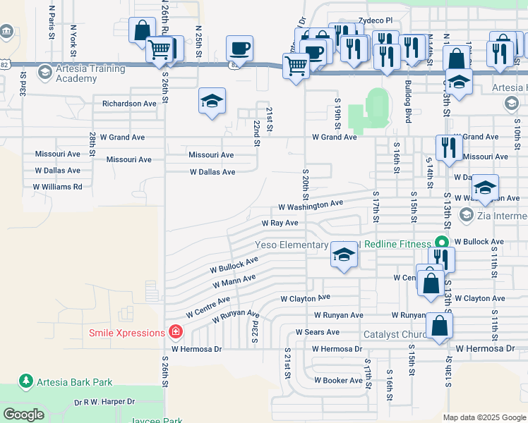 map of restaurants, bars, coffee shops, grocery stores, and more near 2203 West Washington Avenue in Artesia