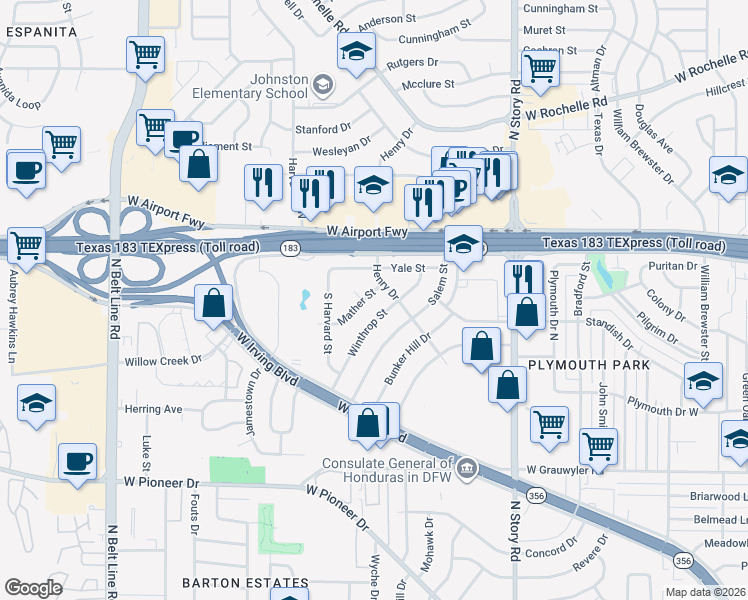 map of restaurants, bars, coffee shops, grocery stores, and more near 2044 Mather Street in Irving