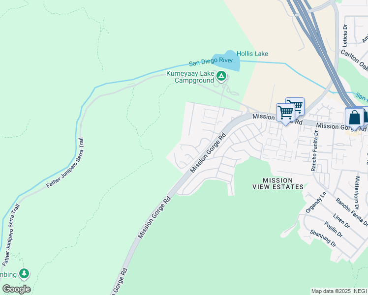 map of restaurants, bars, coffee shops, grocery stores, and more near 7349 Mission Trails Drive in Santee