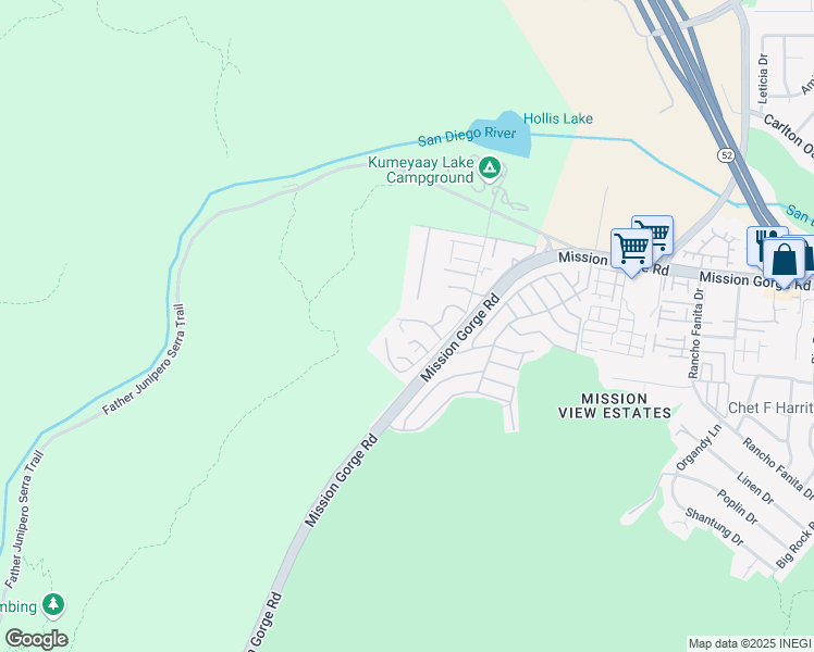 map of restaurants, bars, coffee shops, grocery stores, and more near 7390 Mission Trails Drive in Santee