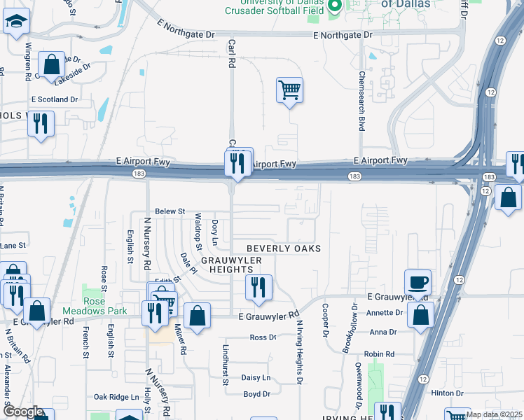 map of restaurants, bars, coffee shops, grocery stores, and more near 1405 Belew Street in Irving
