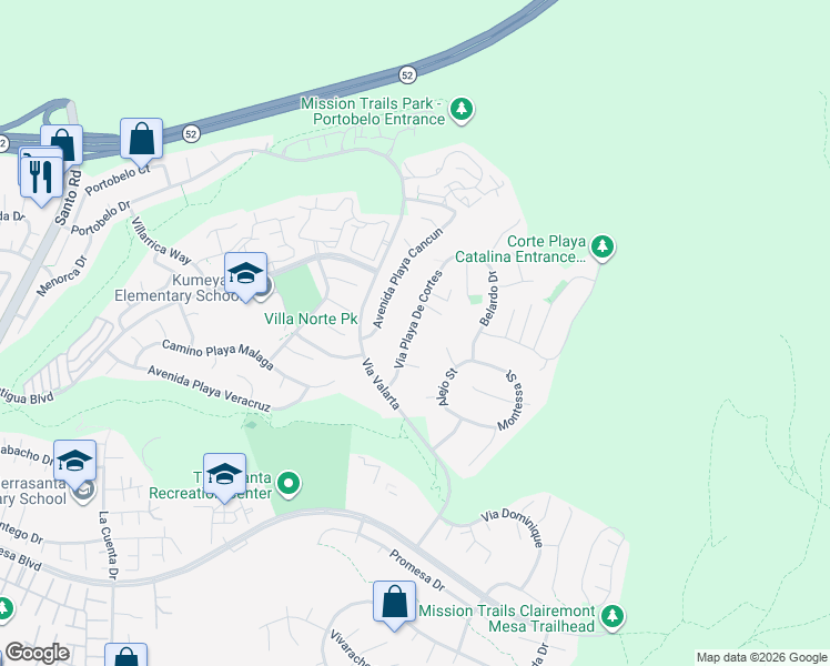 map of restaurants, bars, coffee shops, grocery stores, and more near 11405 Via Playa De Cortes in San Diego