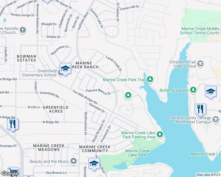 map of restaurants, bars, coffee shops, grocery stores, and more near 5624 Paloma Court in Fort Worth