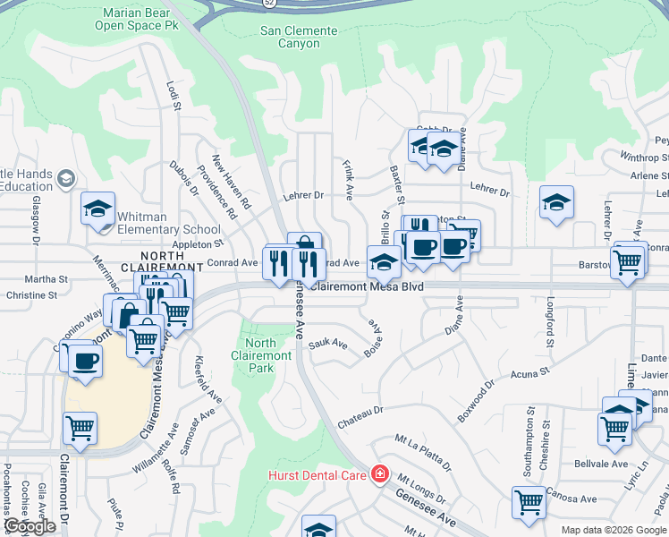 map of restaurants, bars, coffee shops, grocery stores, and more near 4555 Conrad Avenue in San Diego