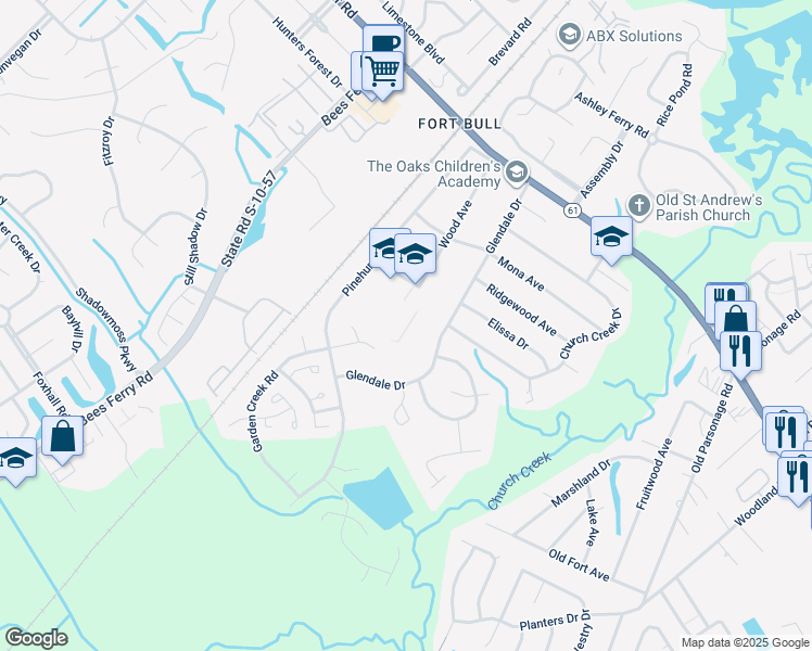 map of restaurants, bars, coffee shops, grocery stores, and more near 2120 Wood Avenue in Charleston