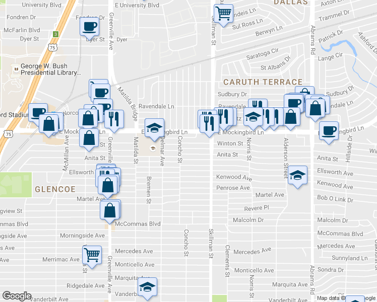 map of restaurants, bars, coffee shops, grocery stores, and more near 6017 Anita Street in Dallas