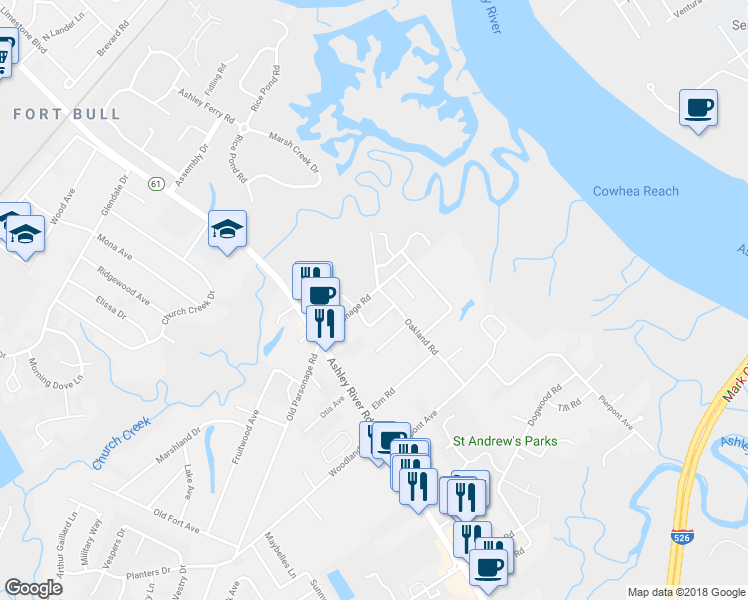 map of restaurants, bars, coffee shops, grocery stores, and more near 2242 Parsonage Road in Charleston