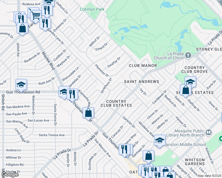 map of restaurants, bars, coffee shops, grocery stores, and more near 4738 Sandra Lynn Drive in Mesquite