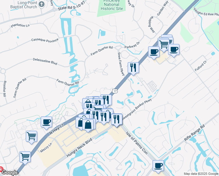 map of restaurants, bars, coffee shops, grocery stores, and more near 1717 Greystone Boulevard in Mount Pleasant