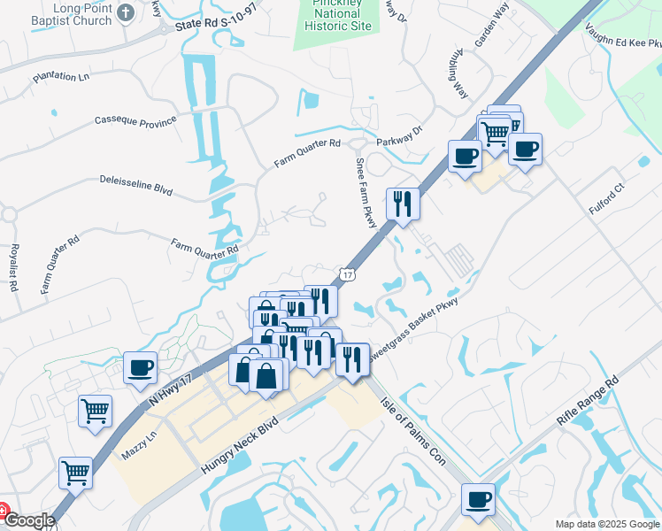 map of restaurants, bars, coffee shops, grocery stores, and more near 1714 Greystone Boulevard in Mount Pleasant