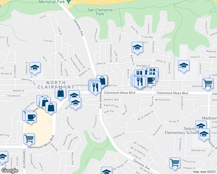 map of restaurants, bars, coffee shops, grocery stores, and more near 4541 Conrad Avenue in San Diego