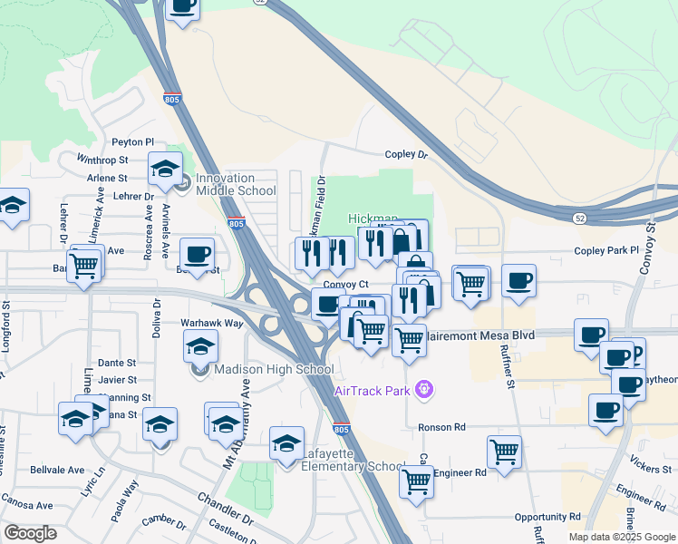map of restaurants, bars, coffee shops, grocery stores, and more near 6602 Convoy Court in San Diego