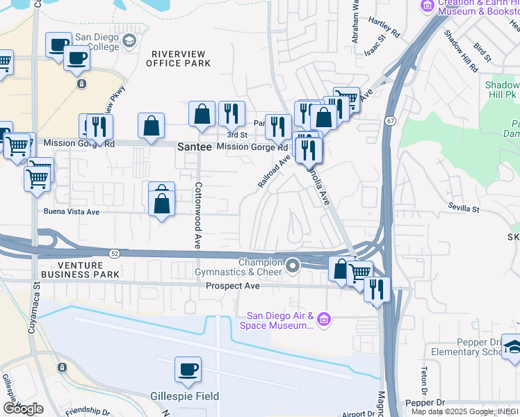 map of restaurants, bars, coffee shops, grocery stores, and more near 211 Caryl Drive in Santee