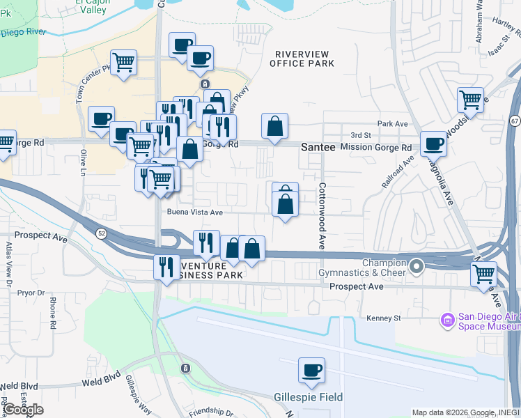 map of restaurants, bars, coffee shops, grocery stores, and more near 10106 Buena Vista Avenue in Santee