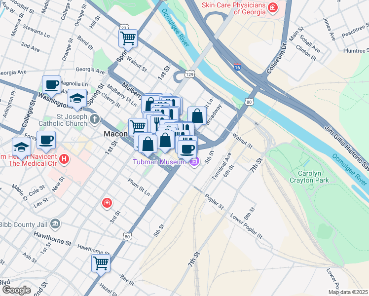 map of restaurants, bars, coffee shops, grocery stores, and more near 401 Cherry Street in Macon