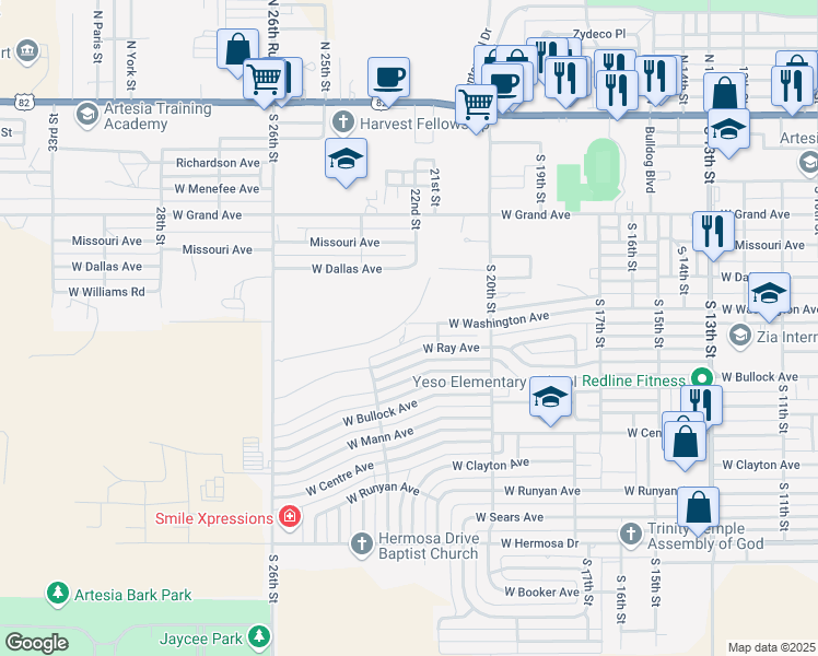 map of restaurants, bars, coffee shops, grocery stores, and more near 2209 West Washington Avenue in Artesia