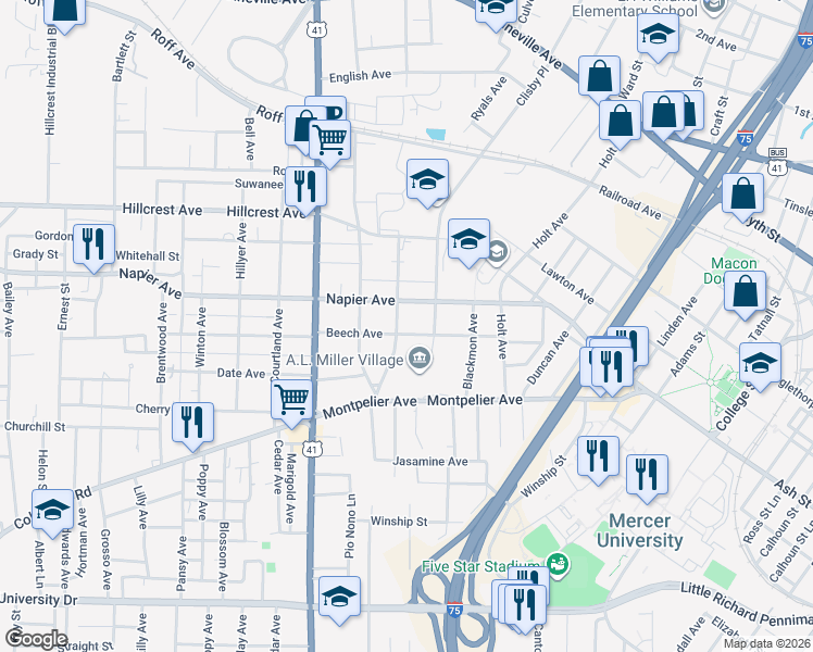 map of restaurants, bars, coffee shops, grocery stores, and more near 2409 Beech Avenue in Macon