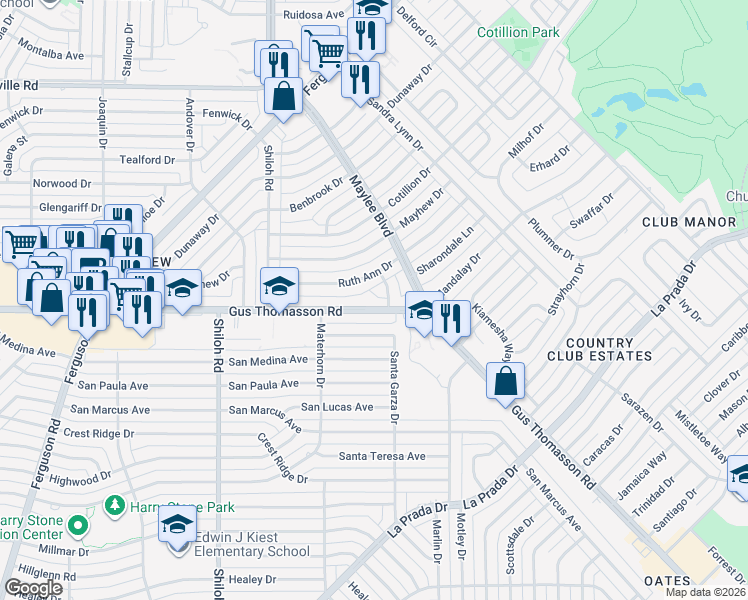 map of restaurants, bars, coffee shops, grocery stores, and more near 3223 Gus Thomasson Road in Dallas