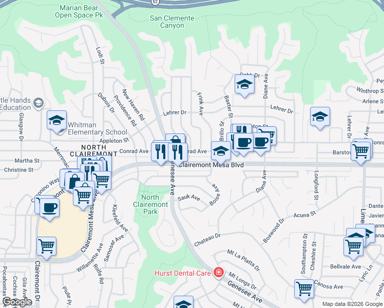 map of restaurants, bars, coffee shops, grocery stores, and more near 4555 Conrad Avenue in San Diego
