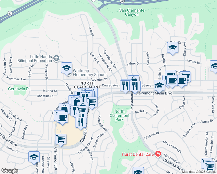 map of restaurants, bars, coffee shops, grocery stores, and more near 4373 Conrad Avenue in San Diego