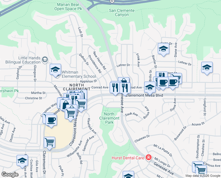 map of restaurants, bars, coffee shops, grocery stores, and more near 4449 Conrad Avenue in San Diego