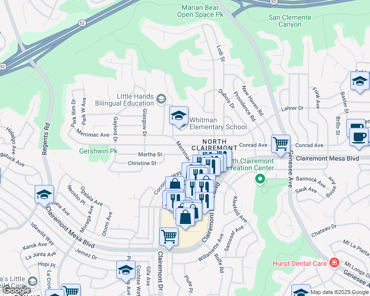 map of restaurants, bars, coffee shops, grocery stores, and more near 4001 Conrad Avenue in San Diego