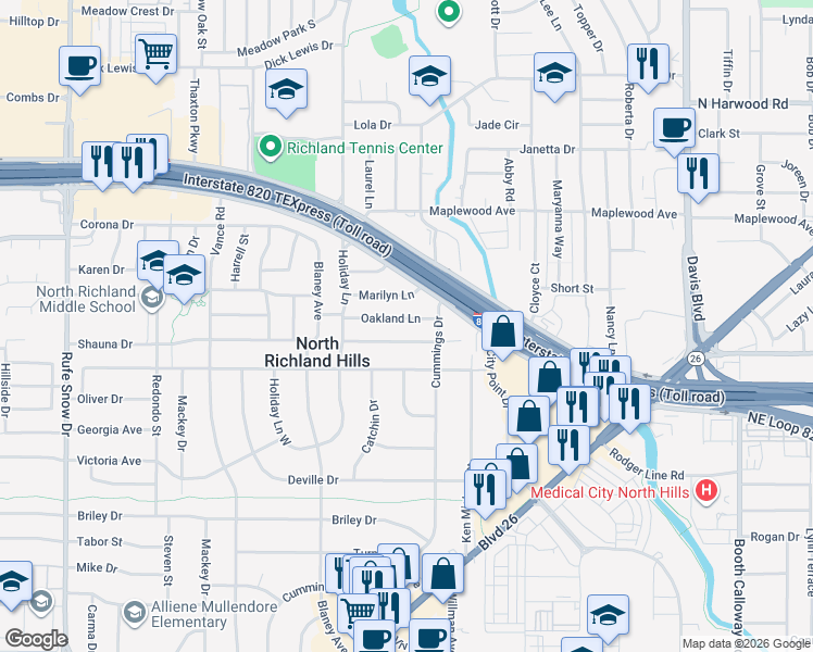 map of restaurants, bars, coffee shops, grocery stores, and more near 7313 Winnell Way in North Richland Hills