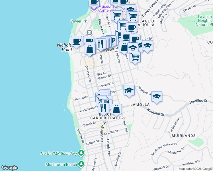 map of restaurants, bars, coffee shops, grocery stores, and more near 607 Arenas Street in San Diego