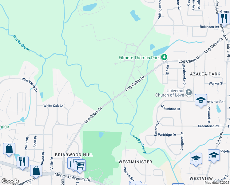 map of restaurants, bars, coffee shops, grocery stores, and more near 4053 Log Cabin Drive in Macon